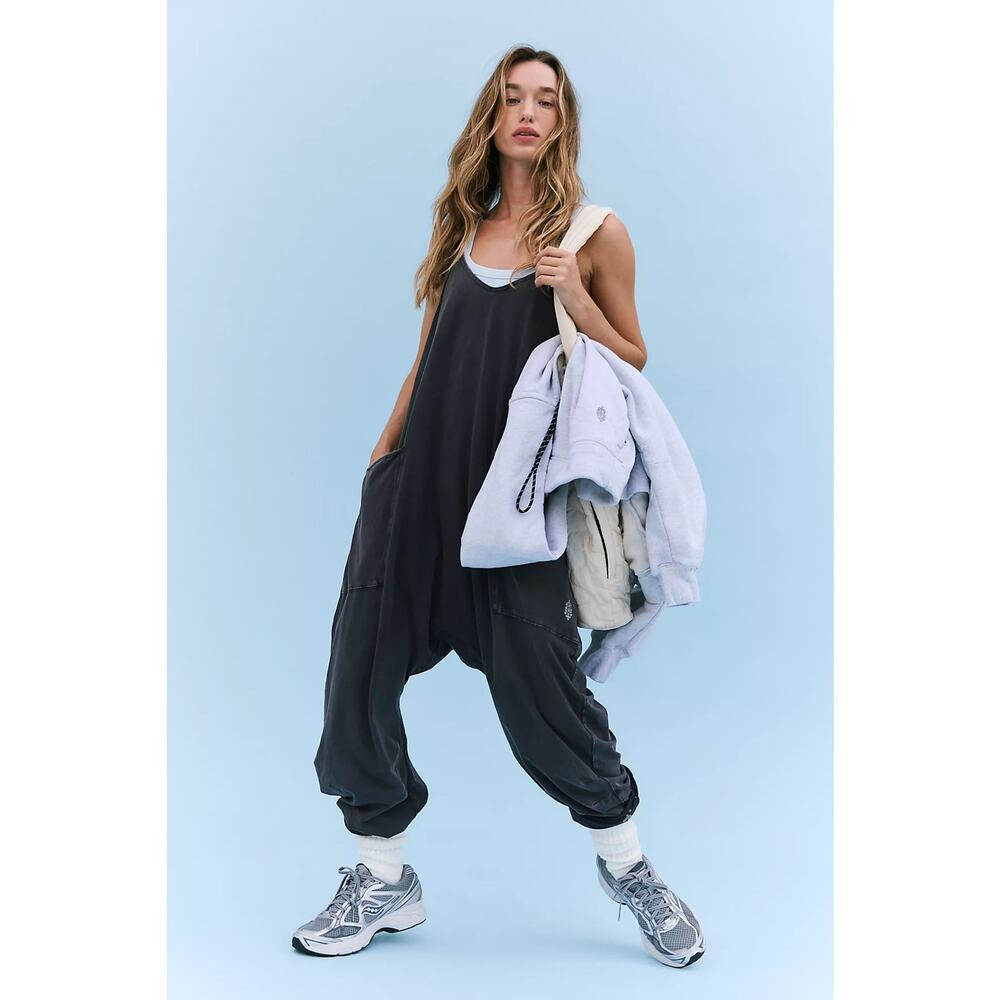 Free People FP Movement Hot Shot Oversized Harem Jumpsuit Romper Black Large